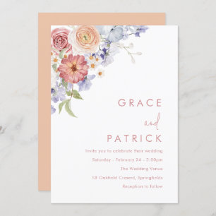 Watercolor Floral Dusty Blue & Peach Wedding Invitation