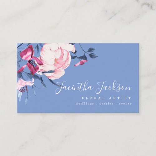 Watercolor Floral Dusty Blue Pink Modern QR Code Business Card