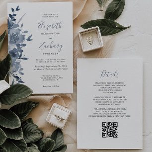 Watercolor Floral Dusty Blue QR Code Wedding Invitation