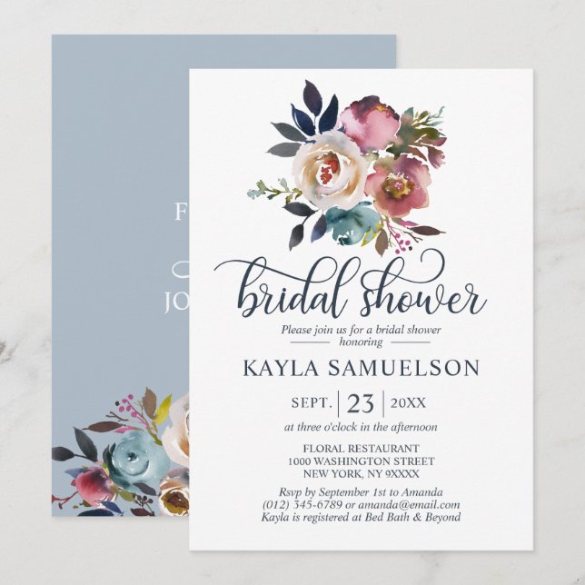 Watercolor Floral Dusty Blue Rose Bridal Shower Invitation (Front/Back)