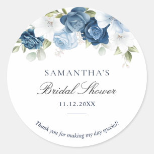 Watercolor Floral Dusty Blue Script Bridal Shower Classic Round Sticker