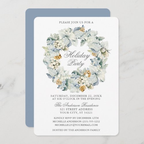Watercolor Floral Dusty Blue Silver Holiday Party Invitation