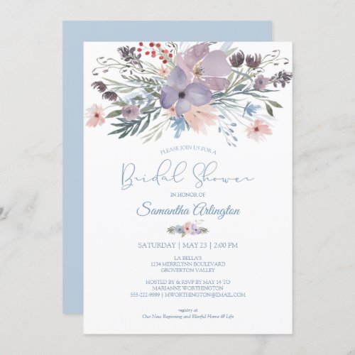 Watercolor Floral Dusty Blue Violet Bridal Shower Invitation