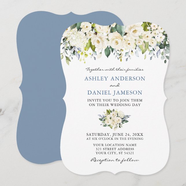 Watercolor Floral Dusty Blue Wedding Bracket Invitation (Front/Back)