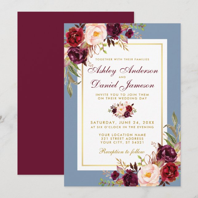 Watercolor Floral Dusty Blue Wedding Burgundy Invitation (Front/Back)