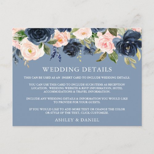Watercolor Floral Dusty Blue Wedding Details Card