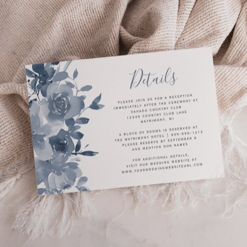 Watercolor Floral Dusty Blue Wedding Details Enclosure Card