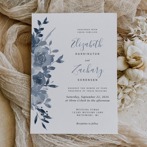 Watercolor Floral Dusty Blue Wedding Invitation