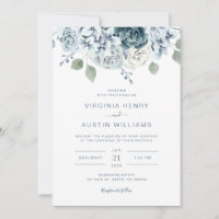 Classic Monogram Dusty Blue Watercolor Wedding Invitation