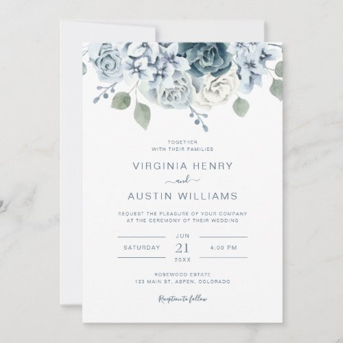 Watercolor Floral Dusty Blue Wedding Invitation