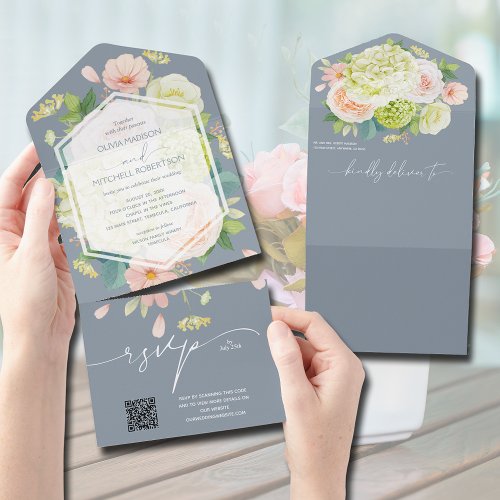 Watercolor Floral Dusty Blue Wedding QR Code All In One Invitation