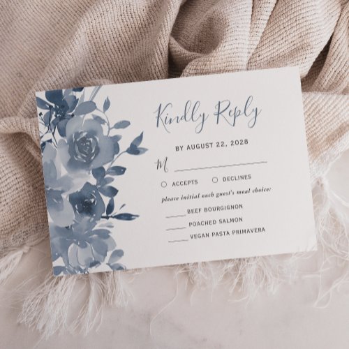 Watercolor Floral Dusty Blue Wedding RSVP Card