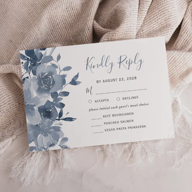 Watercolor Floral Dusty Blue Wedding RSVP Card | Zazzle