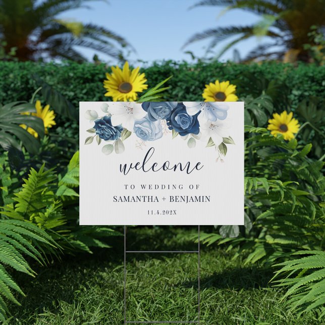 Watercolor Floral Dusty Blue Wedding Sign (Dusty Blue Watercolor Floral Wedding Welcome Yard Sign)