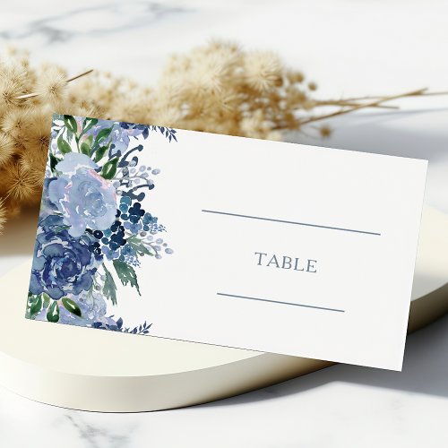 Watercolor Floral Dusty Blue Wedding Table Place Card