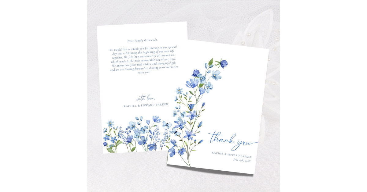Watercolor Floral Dusty Blue Wedding Thank You Card | Zazzle