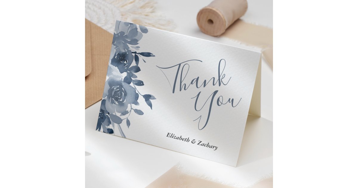 Watercolor Floral Dusty Blue Wedding Thank You Card | Zazzle
