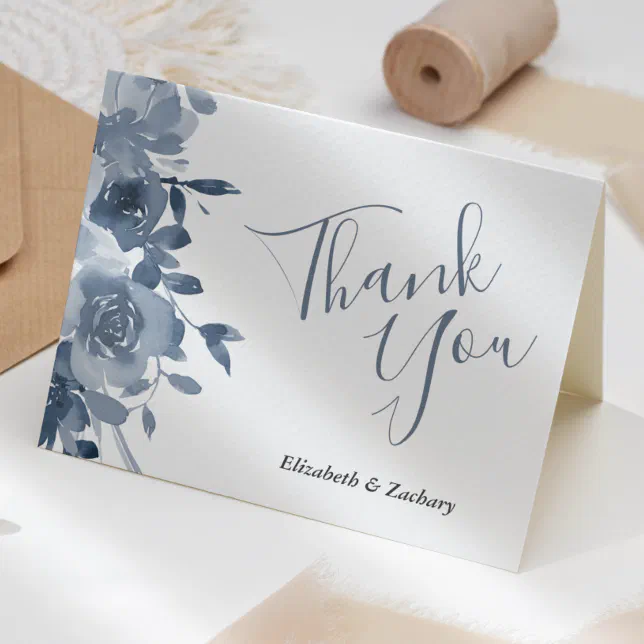 Watercolor Floral Dusty Blue Wedding Thank You Card | Zazzle
