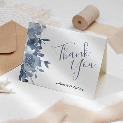 Watercolor Floral Dusty Blue Wedding Thank You Card