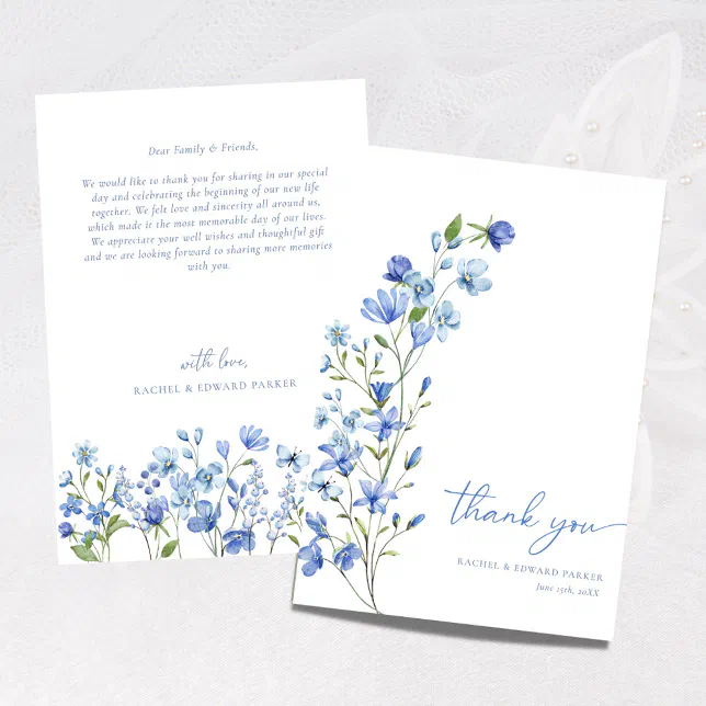 Watercolor Floral Dusty Blue Wedding Thank You Card | Zazzle
