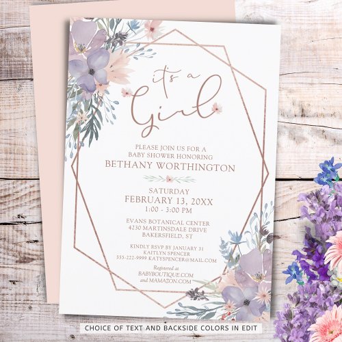 Watercolor Floral Dusty Pink Purple Baby Shower Invitation