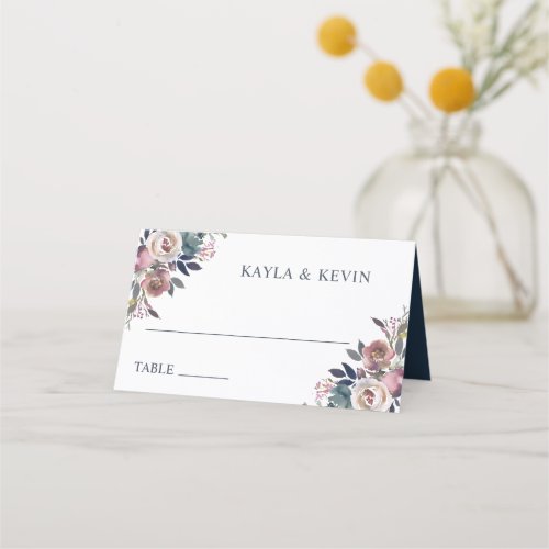 Watercolor Floral Dusty Rose Mauve Blue  Place Car Place Card