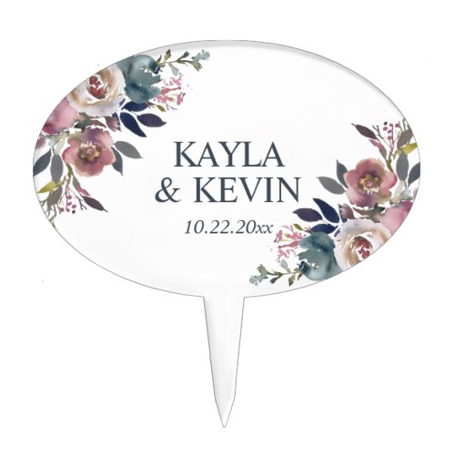Watercolor Floral Dusty Rose Mauve Blue Wedding Cake Topper