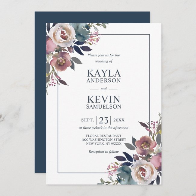 Watercolor Floral Dusty Rose Mauve Navy Blue Invitation