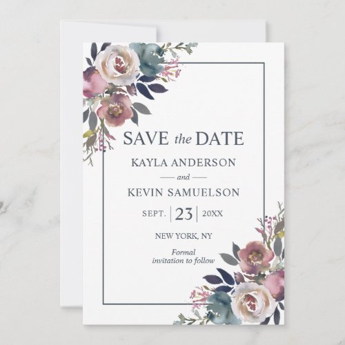 Watercolor Floral Dusty Rose Mauve Navy Blue Save The Date