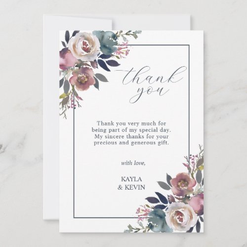 Watercolor Floral Dusty Rose Mauve Navy Blue Thank You Card