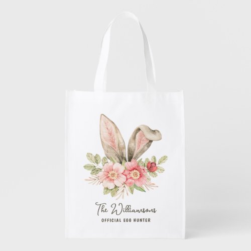 Watercolor Floral Easter Bunny Ears Egg Hunt Grocery Bag
