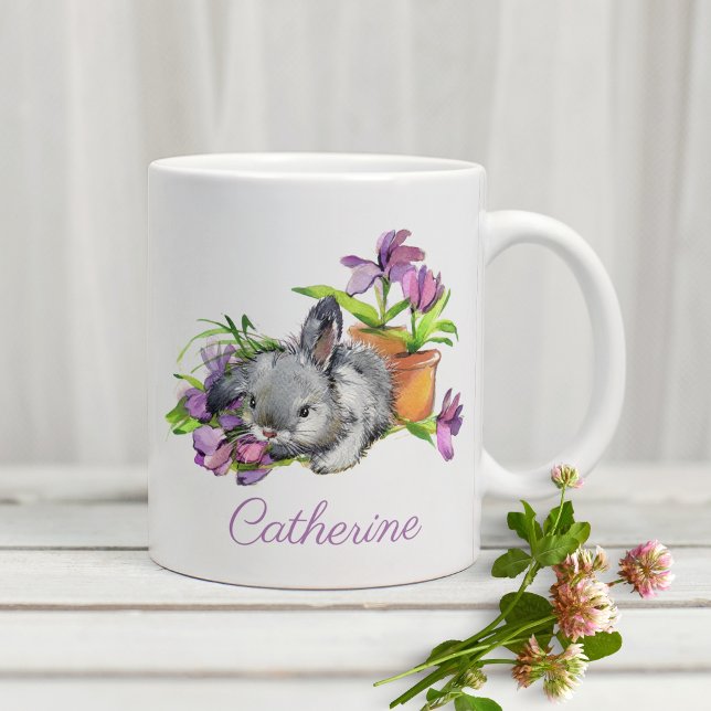 Watercolor Floral Easter Bunny Rabbit Personalized Coffee Mug (Creator Uploaded)