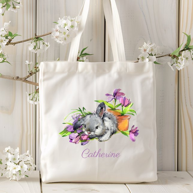 Watercolor Floral Easter Bunny Rabbit Personalized Tote Bag (Creator Uploaded)