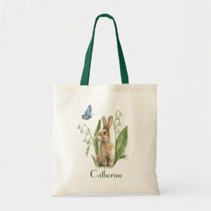 Watercolor Floral Easter Bunny Rabbit Personalized Tote Bag
