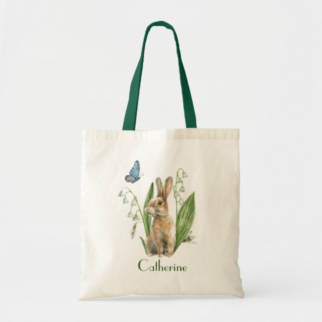 Watercolor Floral Easter Bunny Rabbit Personalized Tote Bag (Front)