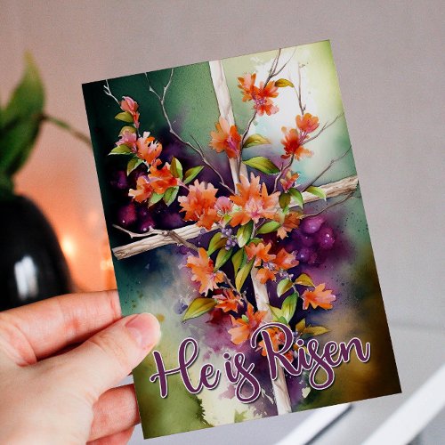 Watercolor Floral Easter Cross He is Risen Holiday Card