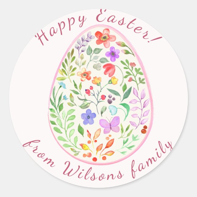 Watercolor Floral Easter Egg Personalized Sticker (Front)