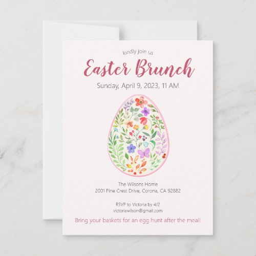 Watercolor Floral Egg Easter Brunch Card