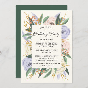 Watercolor Floral Elegant 65th Birthday Invitation