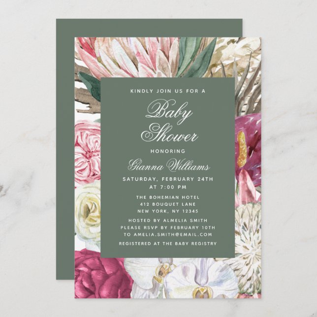 Watercolor Floral Elegant Baby Shower Invitation (Front/Back)