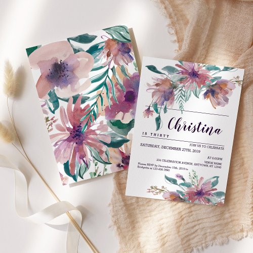 Watercolor floral elegant birthday celebration invitation