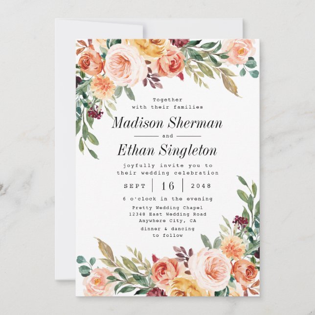 Watercolor Floral Elegant Blush Burgundy Wedding Invitation (Front)