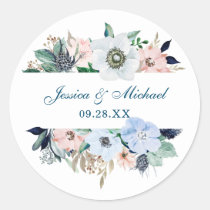 Watercolor Floral Elegant Bouquet Blue Wedding Classic Round Sticker