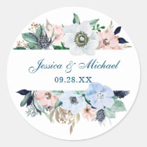 Watercolor Floral Elegant Bouquet Blue Wedding Classic Round Sticker