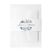 Watercolor Floral Elegant Bouquet Blue Wedding Invitation Belly Band