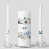 Watercolor Floral Elegant Bouquet Blue Wedding Unity Candle Set