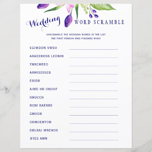 Watercolor floral elegant bridal shower fun game