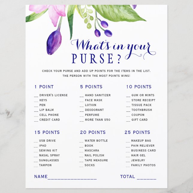 Watercolor floral elegant bridal shower game (Front)