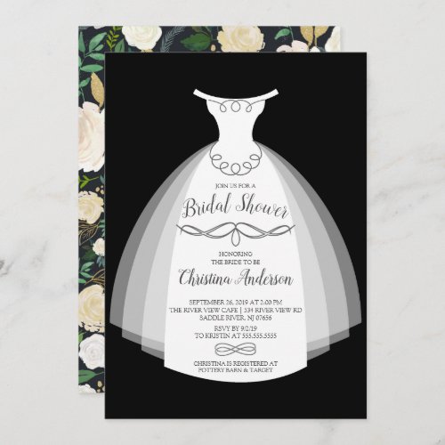 Watercolor Floral Elegant Bride Gown Bridal Shower Invitation