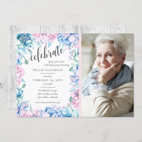 Watercolor Floral Elegant Farmhouse Birthday Photo Invitation